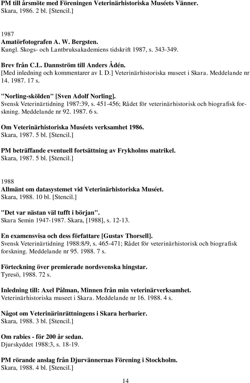 Svensk Veterinärtidning 1987:39, s. 451-456; Rådet för veterinärhistorisk och biografisk forskning. Meddelande nr 92. 1987. 6 s. Om Veterinärhistoriska Muséets verksamhet 1986. Skara, 1987. 5 bl.