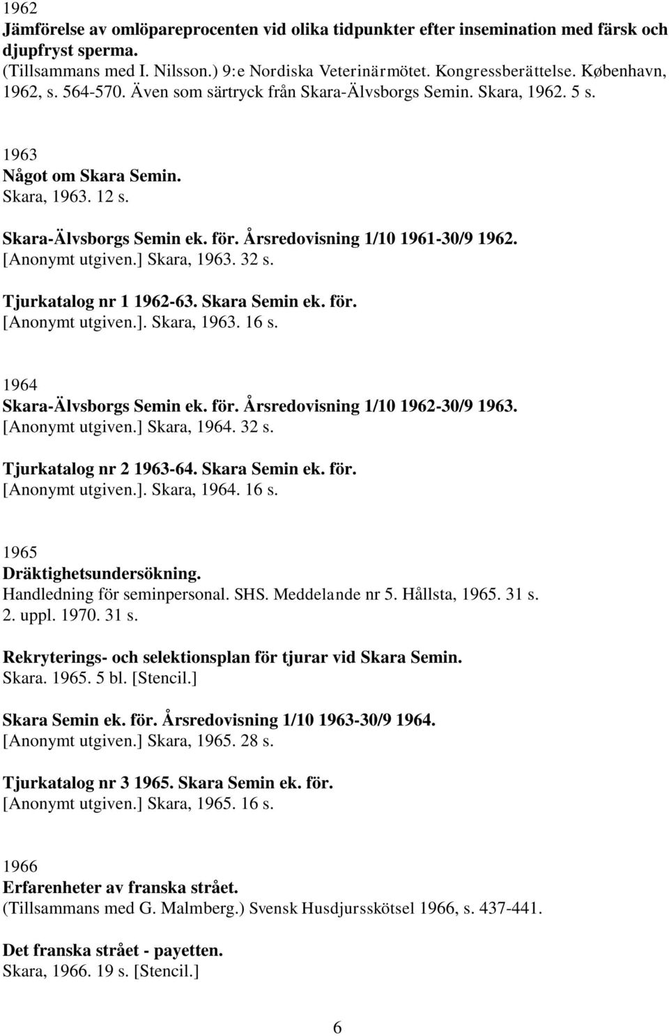 Årsredovisning 1/10 1961-30/9 1962. [Anonymt utgiven.] Skara, 1963. 32 s. Tjurkatalog nr 1 1962-63. Skara Semin ek. för. [Anonymt utgiven.]. Skara, 1963. 16 s. 1964 Skara-Älvsborgs Semin ek. för. Årsredovisning 1/10 1962-30/9 1963.