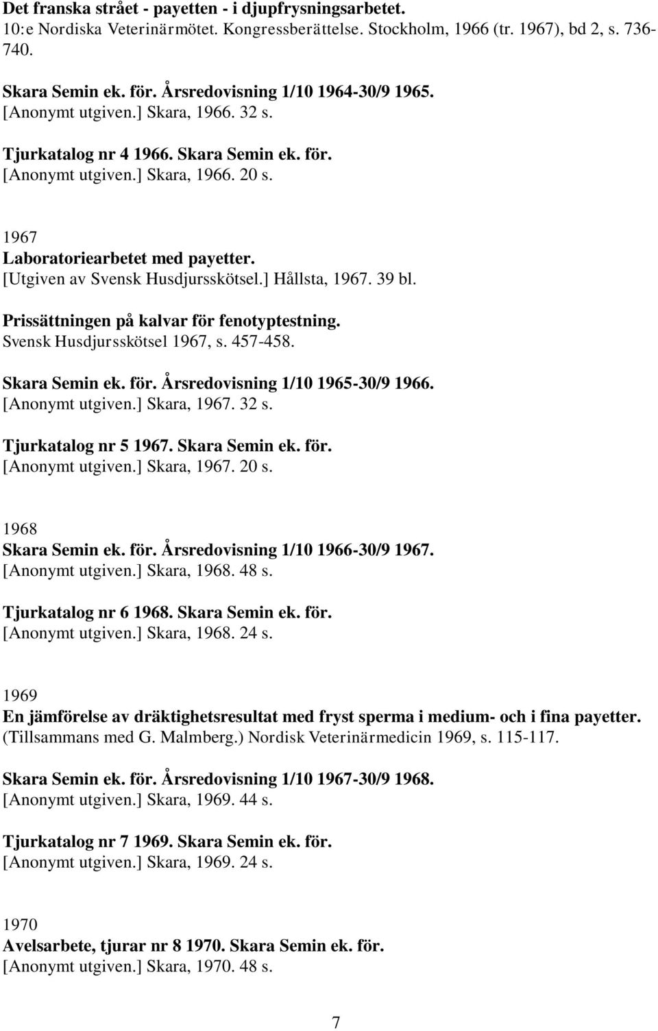 [Utgiven av Svensk Husdjursskötsel.] Hållsta, 1967. 39 bl. Prissättningen på kalvar för fenotyptestning. Svensk Husdjursskötsel 1967, s. 457-458. Skara Semin ek. för. Årsredovisning 1/10 1965-30/9 1966.