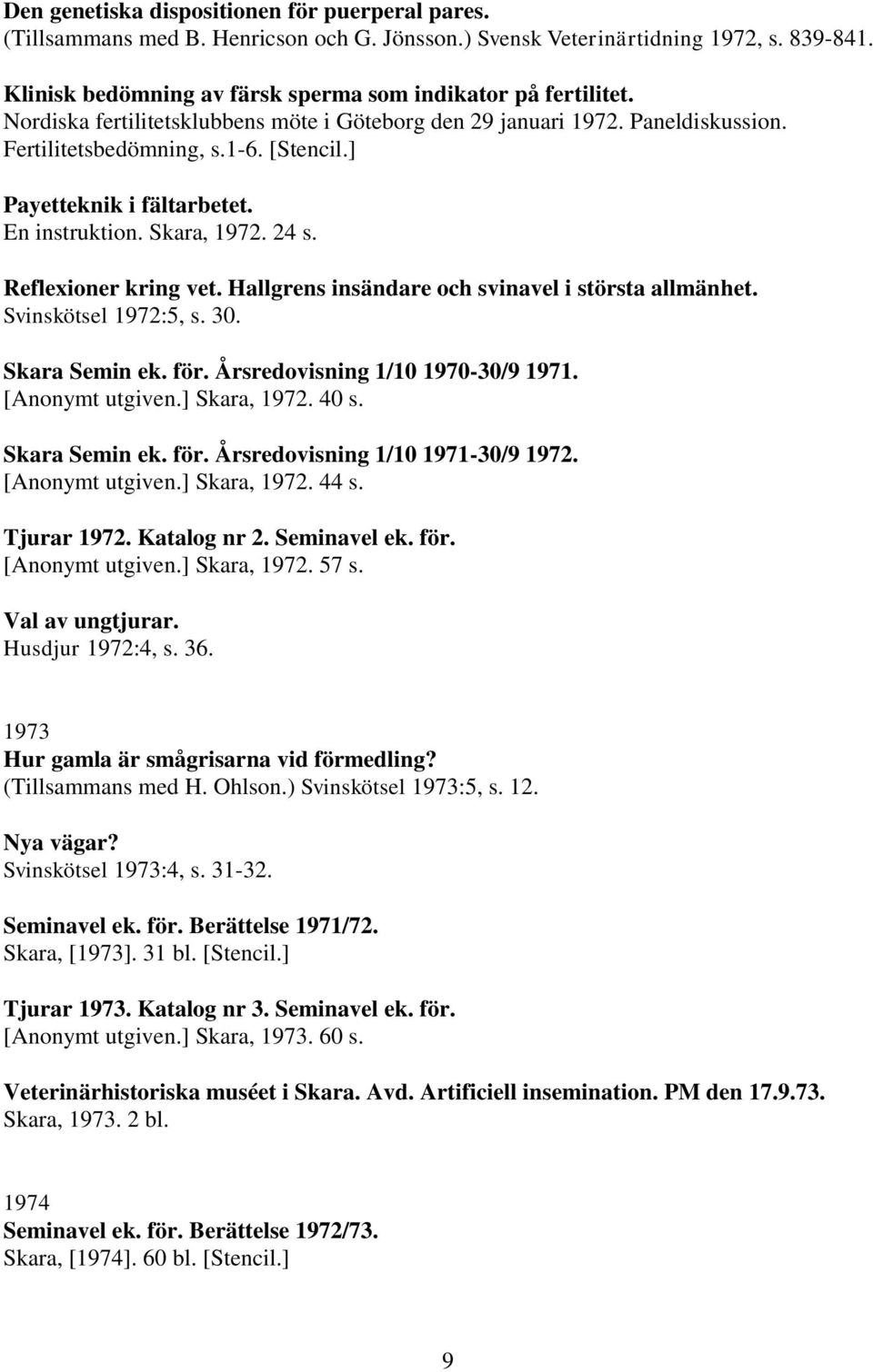 Reflexioner kring vet. Hallgrens insändare och svinavel i största allmänhet. Svinskötsel 1972:5, s. 30. Skara Semin ek. för. Årsredovisning 1/10 1970-30/9 1971. [Anonymt utgiven.] Skara, 1972. 40 s.