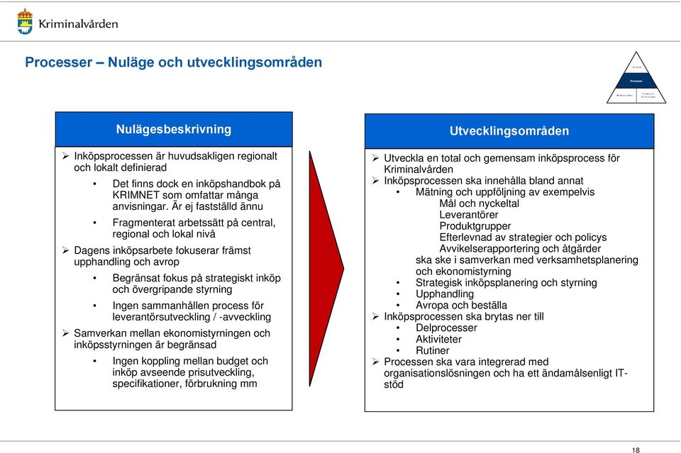 styrning Ingen sammanhållen process för leverantörsutveckling / -avveckling Samverkan mellan ekonomistyrningen och inköpsstyrningen är begränsad Ingen koppling mellan budget och inköp avseende