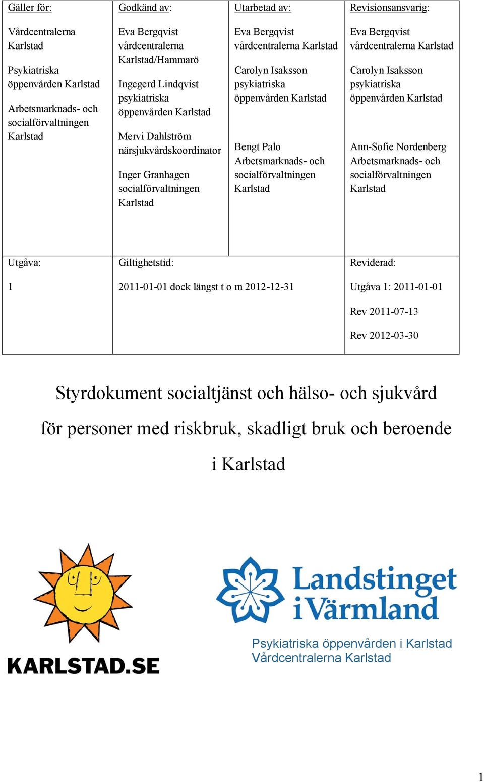 Carolyn Isaksson psykiatriska öppenvården Karlstad Bengt Palo Arbetsmarknads- och socialförvaltningen Karlstad Eva Bergqvist vårdcentralerna Karlstad Carolyn Isaksson psykiatriska öppenvården