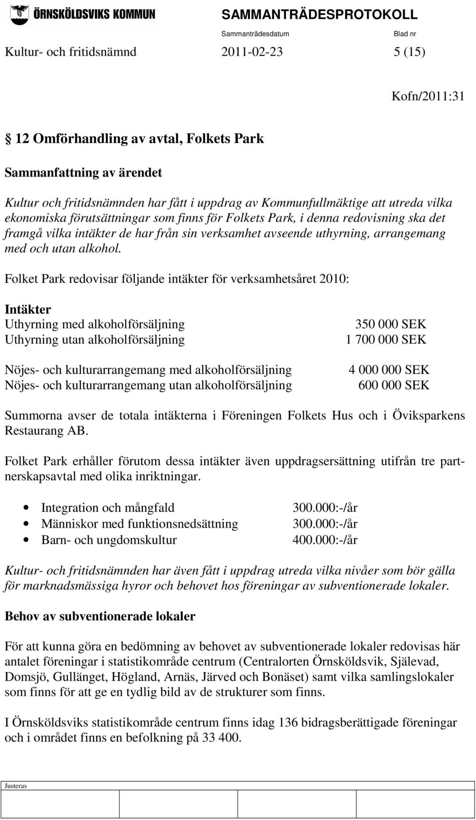 Folket Park redovisar följande intäkter för verksamhetsåret 2010: Intäkter Uthyrning med alkoholförsäljning Uthyrning utan alkoholförsäljning Nöjes- och kulturarrangemang med alkoholförsäljning