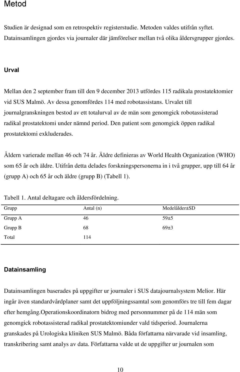 Urvalet till journalgranskningen bestod av ett totalurval av de män som genomgick robotassisterad radikal prostatektomi under nämnd period.