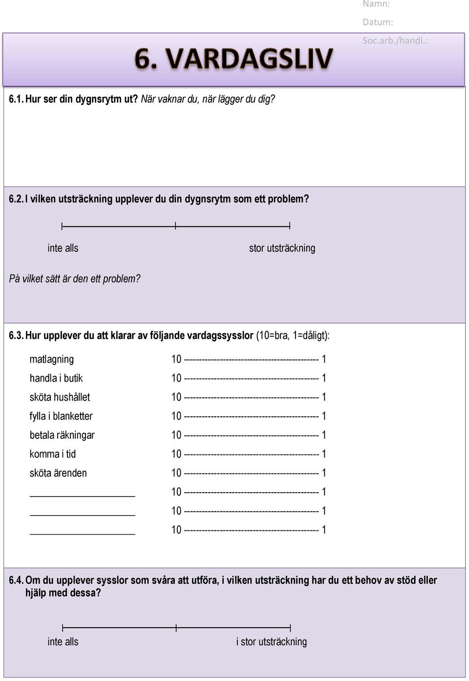 Hur upplever du att klarar av följande vardagssysslor (10=bra, 1=dåligt): matlagning 10 --------------------------------------------- 1 handla i butik 10 ---------------------------------------------