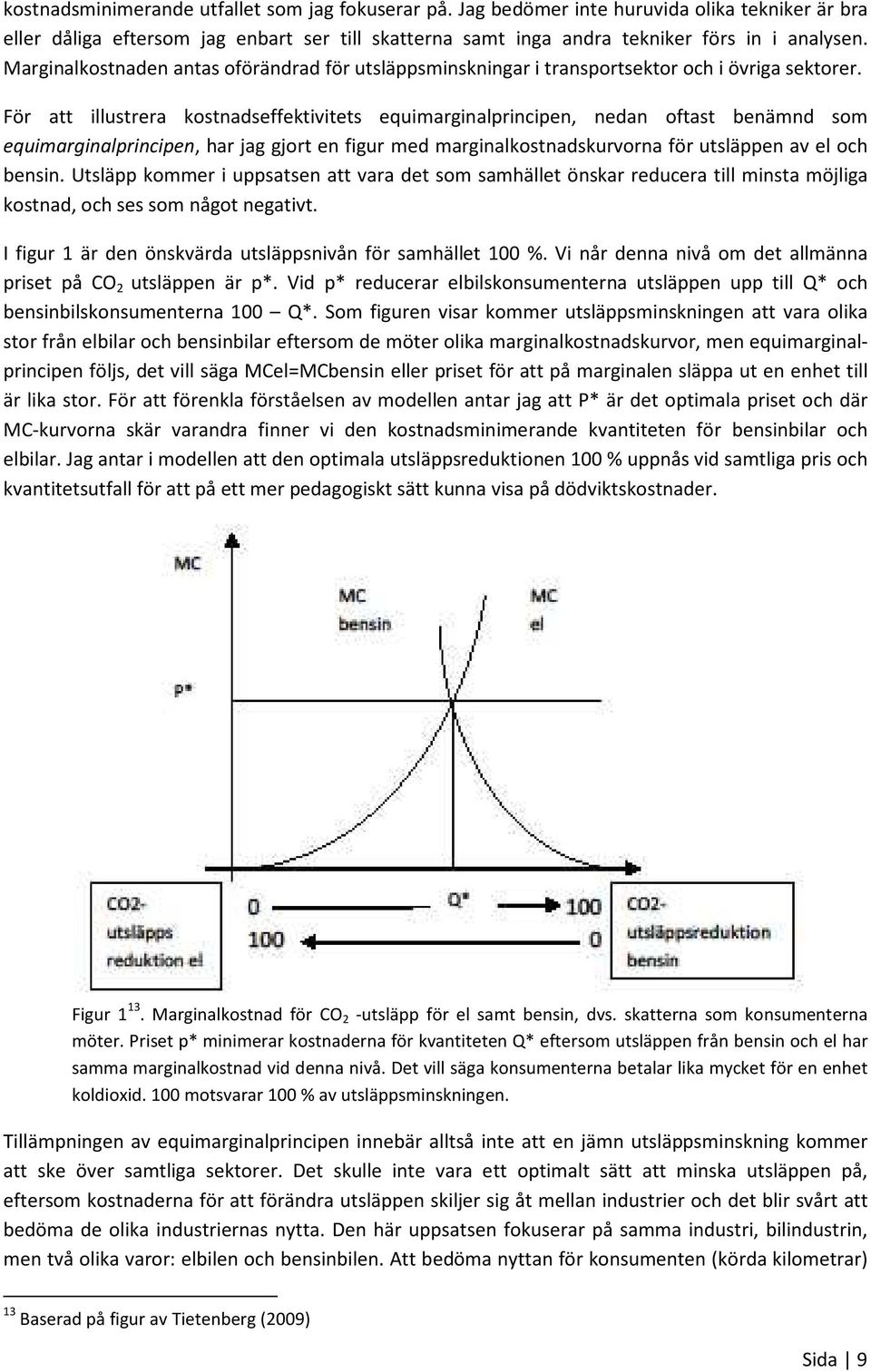 För att illustrera kostnadseffektivitets equimarginalprincipen, nedan oftast benämnd som equimarginalprincipen, har jag gjort en figur med marginalkostnadskurvorna för utsläppen av el och bensin.