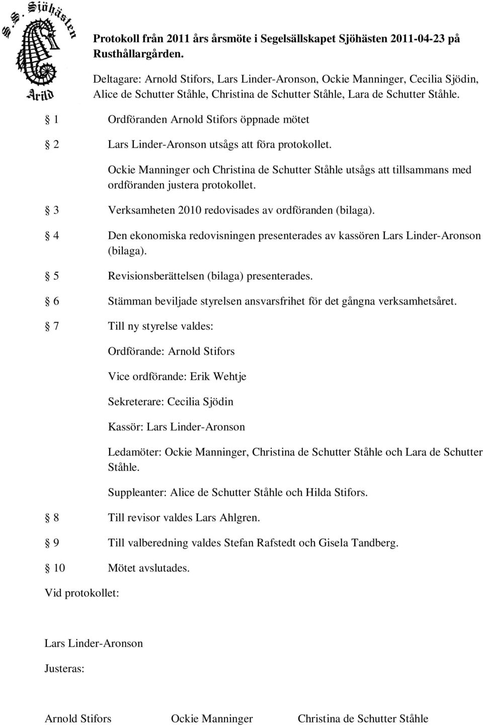 1 Ordföranden Arnold Stifors öppnade mötet 2 Lars Linder-Aronson utsågs att föra protokollet.