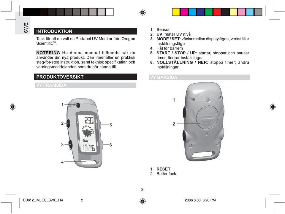 UV: mäter UV nivå 3. MODE / SET: växlar mellan displaylägen, verkställer inställningsläge 4. Hål för bärrem 5.