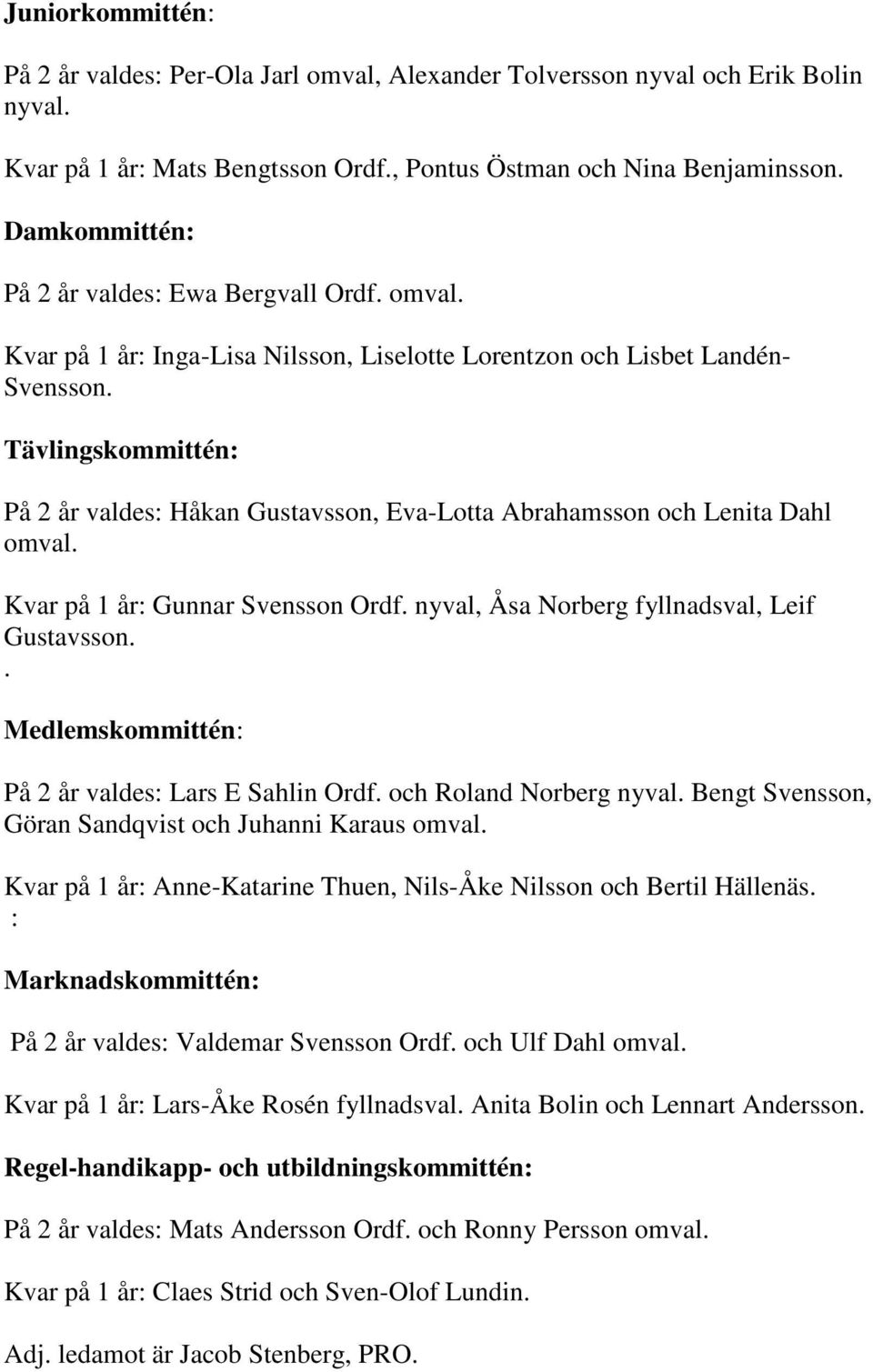 Tävlingskommittén: På 2 år valdes: Håkan Gustavsson, Eva-Lotta Abrahamsson och Lenita Dahl omval. Kvar på 1 år: Gunnar Svensson Ordf. nyval, Åsa Norberg fyllnadsval, Leif Gustavsson.