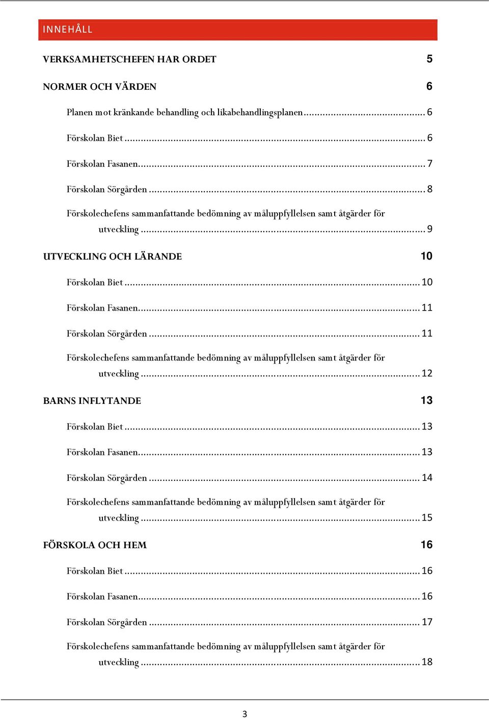 .. 11 Förskolechefens sammanfattande bedömning av måluppfyllelsen samt åtgärder för utveckling... 12 BARNS INFLYTANDE 13 Förskolan Biet... 13 Förskolan Fasanen... 13 Förskolan Sörgården.