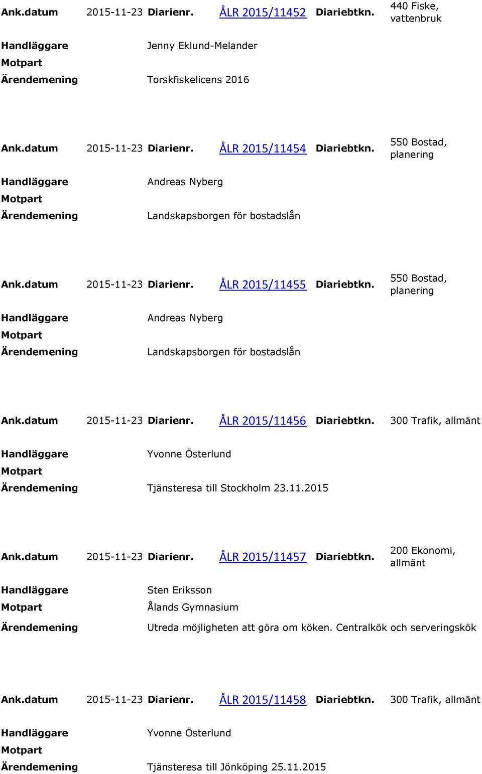 300 Trafik, Tjänsteresa till Stockholm 23.11.2015 Ank.datum 2015-11-23 Diarienr. ÅLR 2015/11457 Diariebtkn.