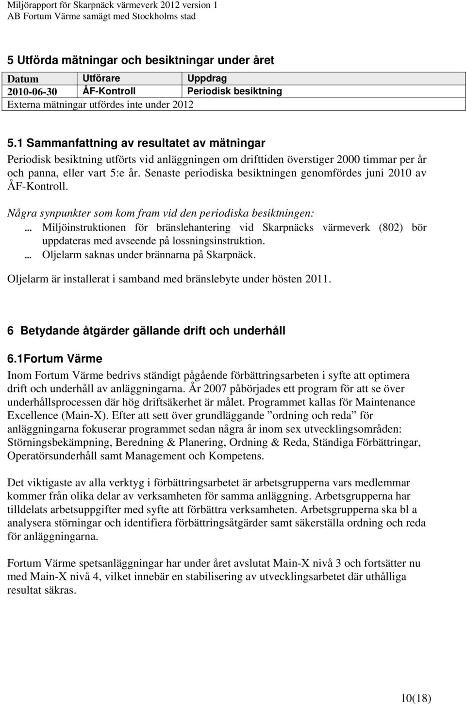 Senaste periodiska besiktningen genomfördes juni 2010 av ÅF-Kontroll.