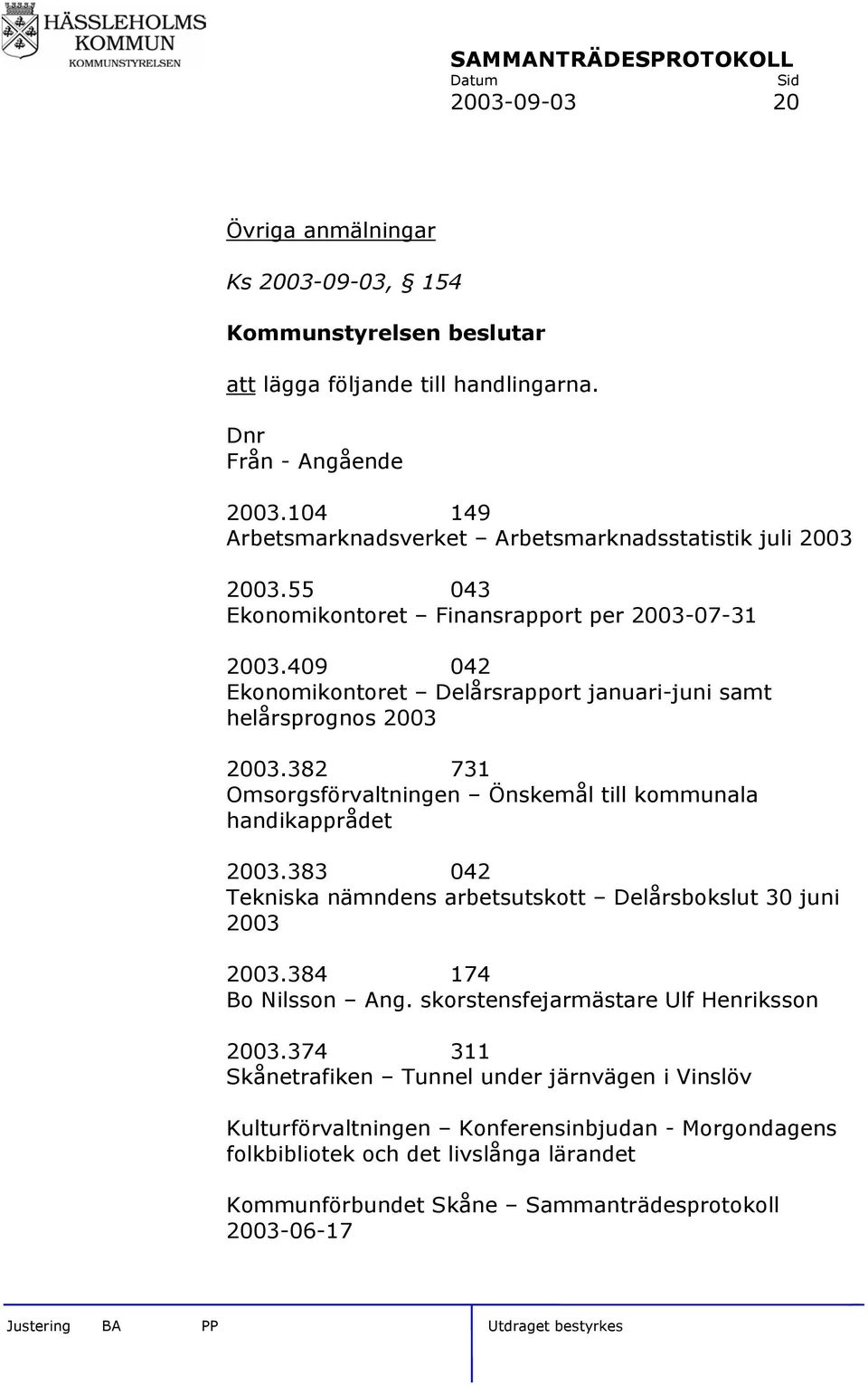 409 042 Ekonomikontoret Delårsrapport januari-juni samt helårsprognos 2003 2003.382 731 Omsorgsförvaltningen Önskemål till kommunala handikapprådet 2003.