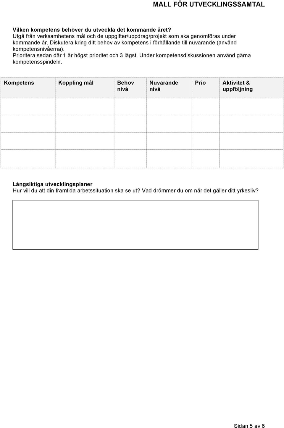 Diskutera kring ditt behov av kompetens i förhållande till nuvarande (använd kompetensnivåerna).