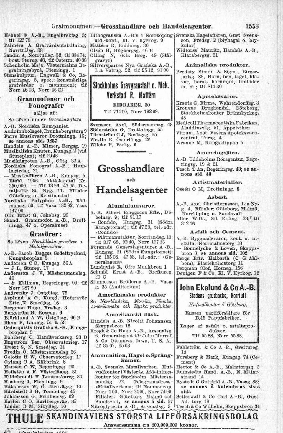 monument; tlf Norr 46 03, Norr 46 02 Grammofoner och Fonografer silljas af: Se äfven under Grosshandlare A.B. Nordiska Kompaniet. Audofonbolaget,~runaebergstorg9 Söderström G, Drottningg.