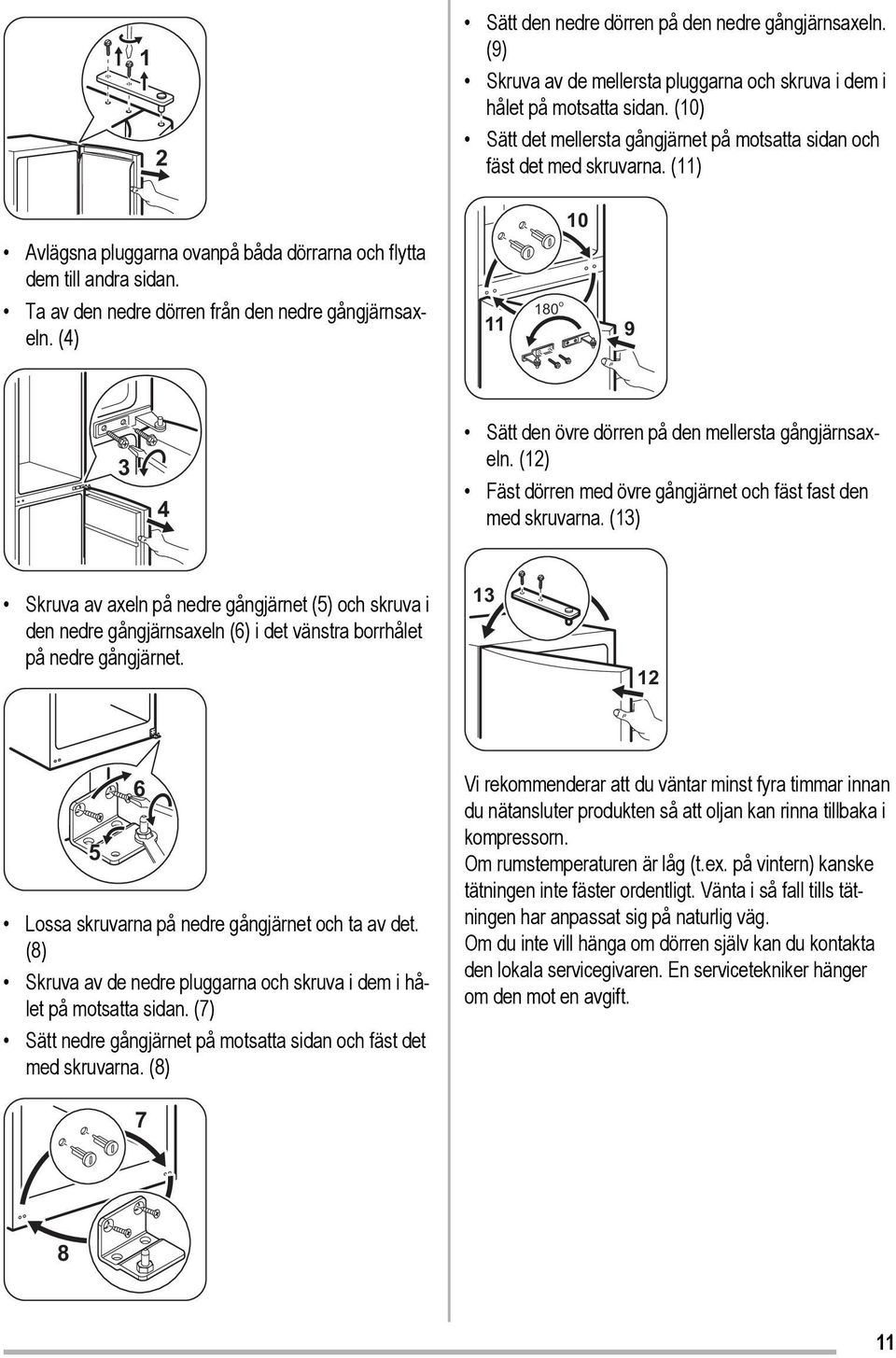 Ta av den nedre dörren från den nedre gångjärnsaxeln. (4) 11 180 o 9 3 4 Sätt den övre dörren på den mellersta gångjärnsaxeln. (12) Fäst dörren med övre gångjärnet och fäst fast den med skruvarna.