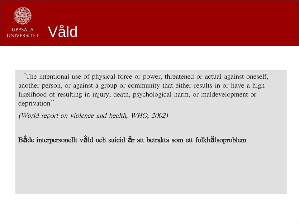 resulting in injury, death, psychological harm, or maldevelopment or deprivation (World report on