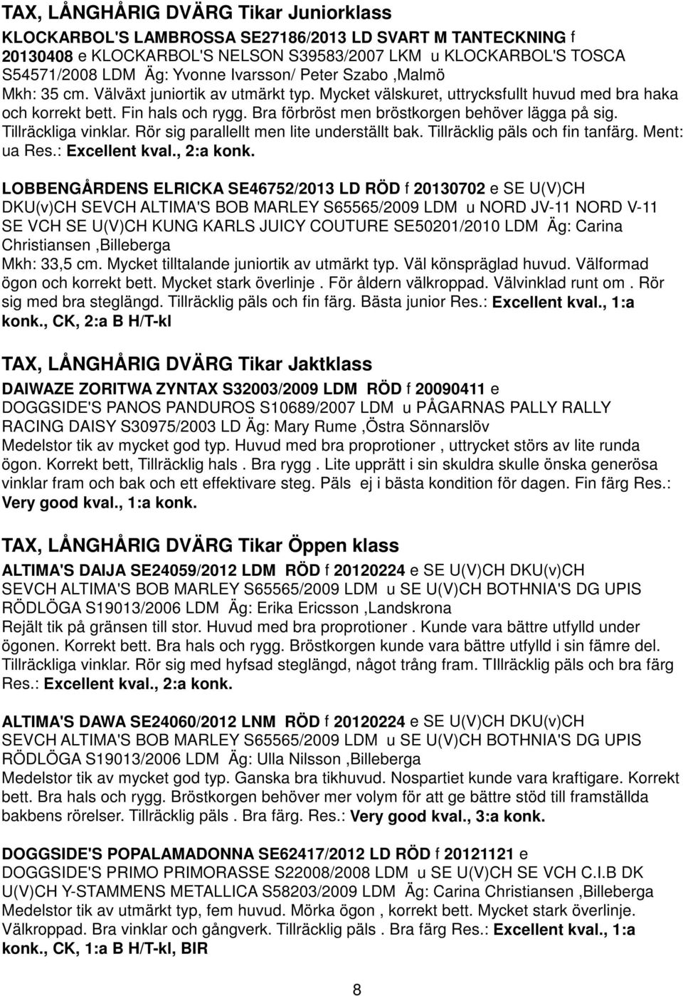 Bra förbröst men bröstkorgen behöver lägga på sig. Tillräckliga vinklar. Rör sig parallellt men lite underställt bak. Tillräcklig päls och fin tanfärg. Ment: ua Res.: Excellent kval., 2:a konk.