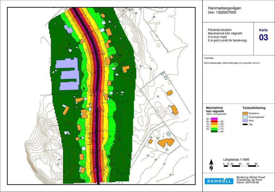 Maximalnivå från vägtrafik db(a), inkl fasadreflex < < <= < <= < <= < <= <= Teckenförklaring Bostadshus