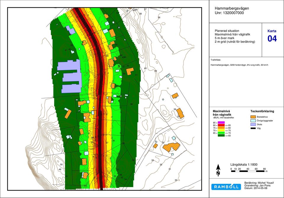 Maximalnivå från vägtrafik db(a), inkl fasadreflex < < <= < <= < <= < <= <= Längdskala 1:10