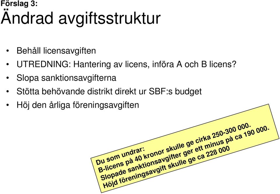 Höjd föreningsavgift skulle ge ca 228 000 Förslag 3: Ändrad avgiftsstruktur Behåll