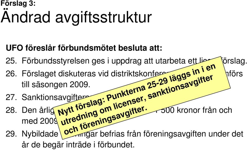 Förslaget diskuteras vid distriktskonferensen 2008 och införs till säsongen 2009. 27. Sanktionsavgifterna slopas från och med 2009. 28.