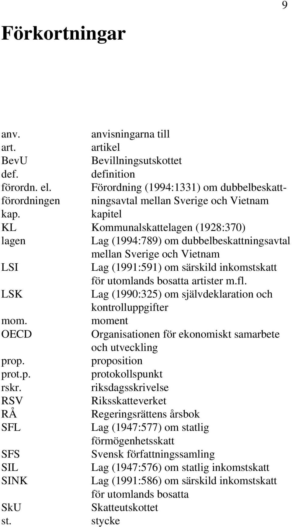 kapitel KL Kommunalskattelagen (1928:370) lagen Lag (1994:789) om dubbelbeskattningsavtal mellan Sverige och Vietnam LSI Lag (1991:591) om särskild inkomstskatt för utomlands bosatta artister m.fl.