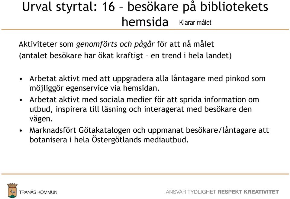 Arbetat aktivt med sociala medier för att sprida information om utbud, inspirera till läsning och interagerat