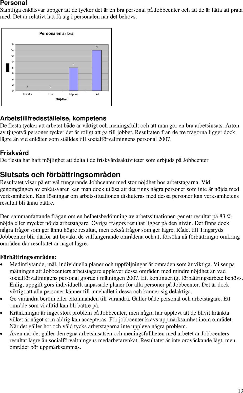 arbetsinsats. Arton av tjugotvå personer tycker det är roligt att gå till jobbet. Resultaten från de tre frågorna ligger dock lägre än vid enkäten som ställdes till socialförvaltningens personal 27.