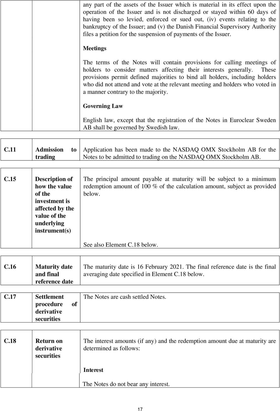 Meetings The terms of the Notes will contain provisions for calling meetings of holders to consider matters affecting their interests generally.