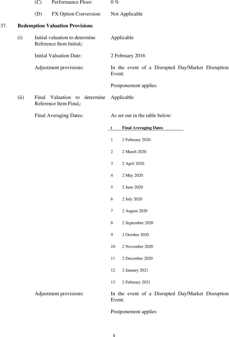 Day/Market Disruption Event: (ii) Final Valuation to determine Reference Item Final i : Final Averaging Dates: Postponement applies Applicable As set out in the table below: t Final Averaging