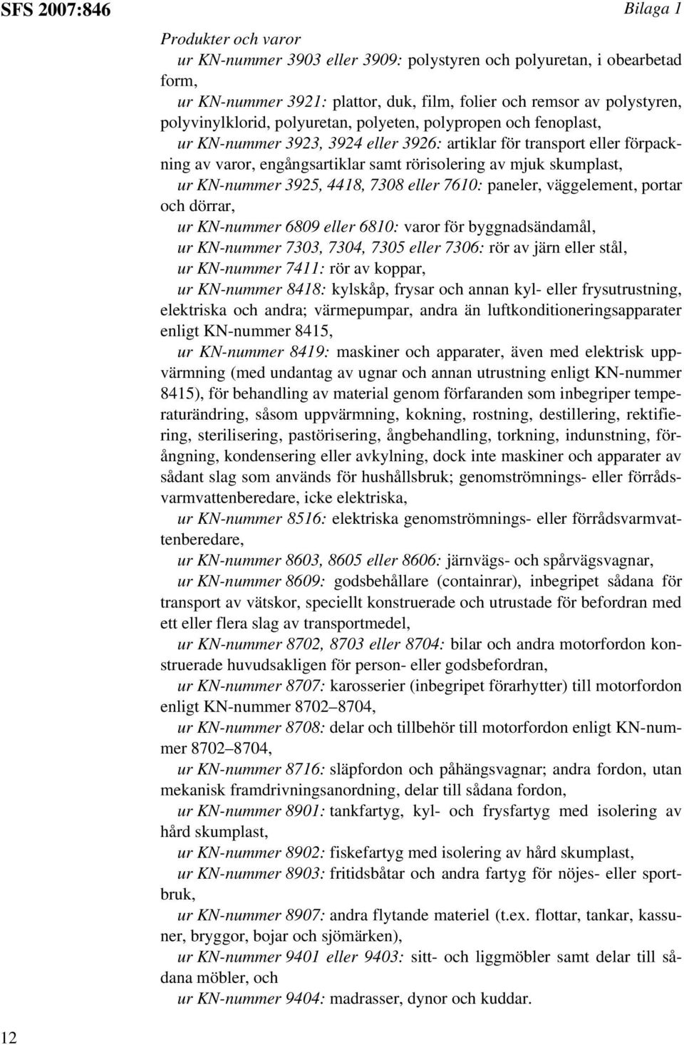 skumplast, ur KN-nummer 3925, 4418, 7308 eller 7610: paneler, väggelement, portar och dörrar, ur KN-nummer 6809 eller 6810: varor för byggnadsändamål, ur KN-nummer 7303, 7304, 7305 eller 7306: rör av