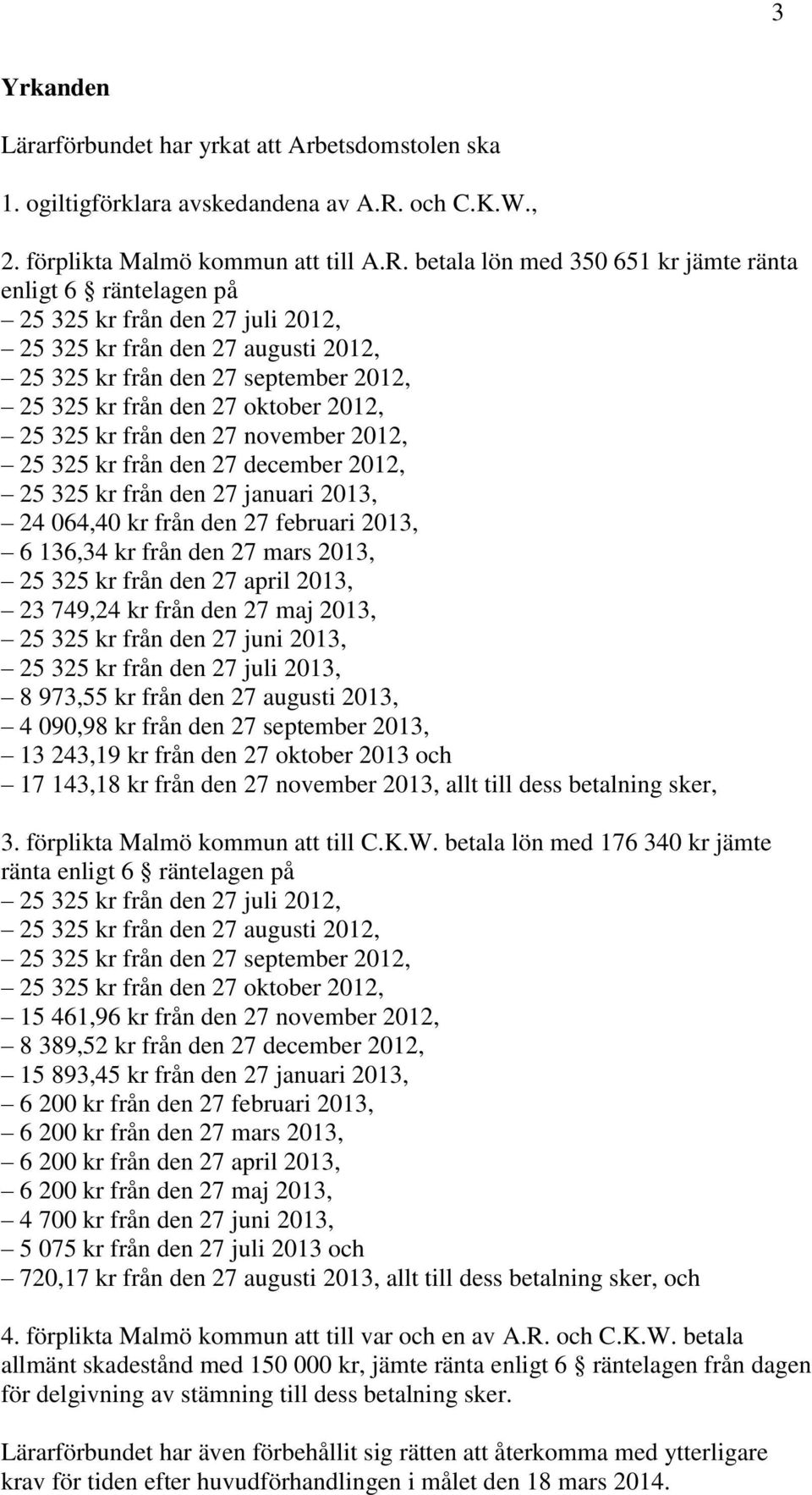 betala lön med 350 651 kr jämte ränta enligt 6 räntelagen på 25 325 kr från den 27 juli 2012, 25 325 kr från den 27 augusti 2012, 25 325 kr från den 27 september 2012, 25 325 kr från den 27 oktober