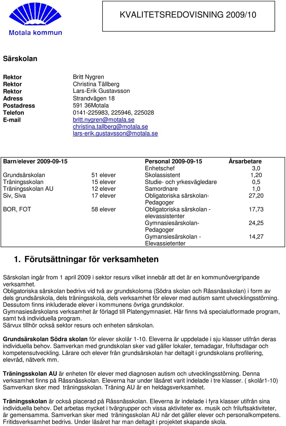 se Barn/elever 2009-09-15 Personal 2009-09-15 Årsarbetare Enhetschef 3,0 Grundsärskolan 51 elever Skolassistent 1,20 Träningsskolan 15 elever Studie- och yrkesvägledare 0,5 Träningsskolan AU 12