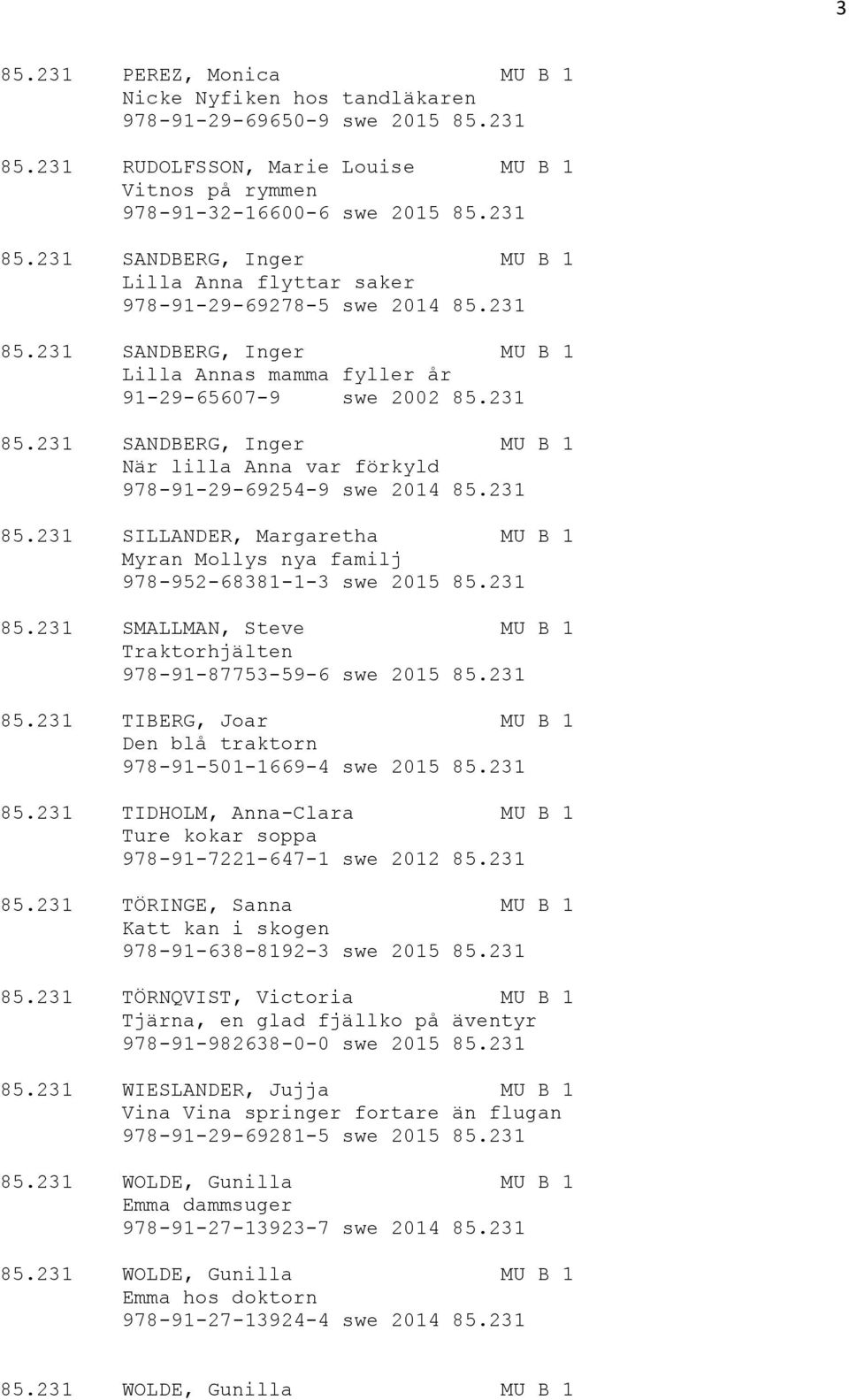 231 85.231 SMALLMAN, Steve MU B 1 Traktorhjälten 978-91-87753-59-6 swe 2015 85.231 85.231 TIBERG, Joar MU B 1 Den blå traktorn 978-91-501-1669-4 swe 2015 85.231 85.231 TIDHOLM, Anna-Clara MU B 1 Ture kokar soppa 978-91-7221-647-1 swe 2012 85.