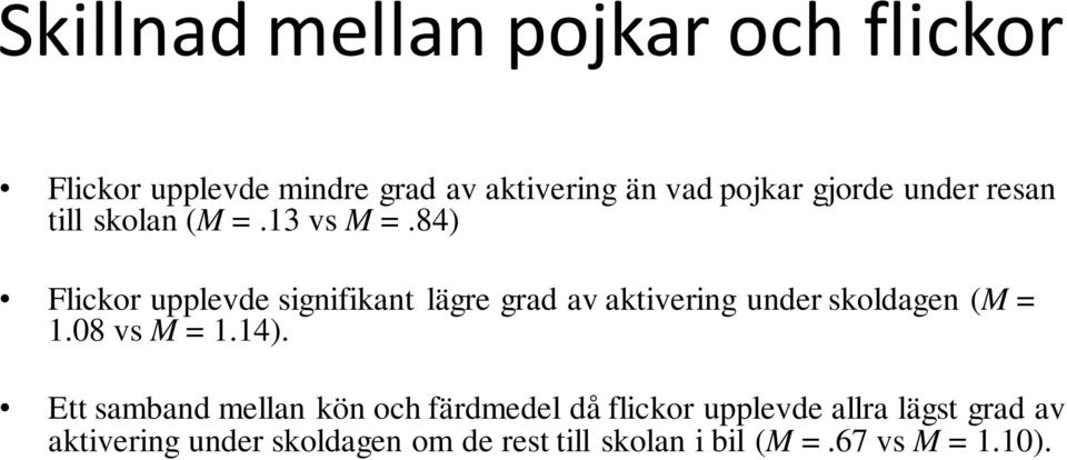 84) Flickor upplevde signifikant lägre grad av aktivering under skoldagen (M = 1.08 vs M = 1.14).