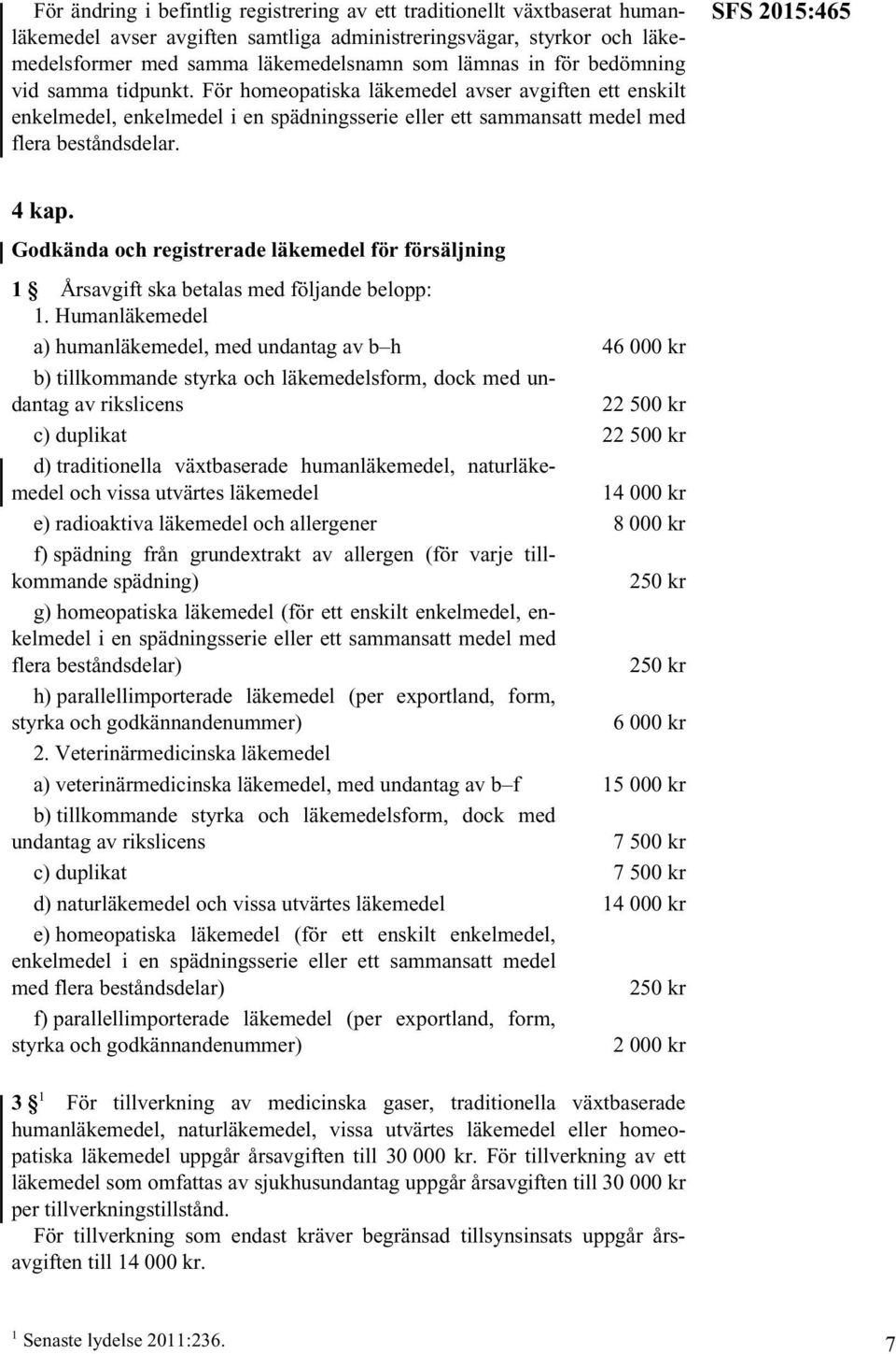 SFS 2015:465 4 kap. Godkända och registrerade läkemedel för försäljning 1 Årsavgift ska betalas med följande belopp: 1.