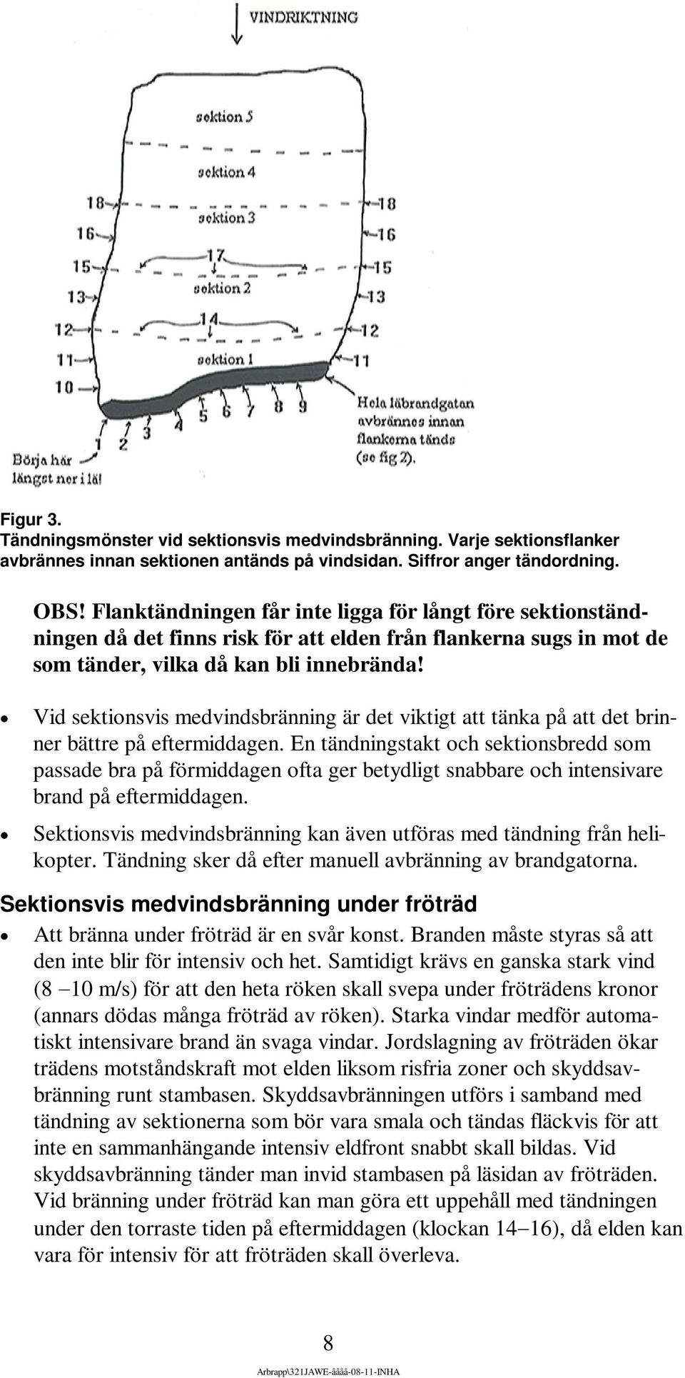 Vid sektionsvis medvindsbränning är det viktigt att tänka på att det brinner bättre på eftermiddagen.