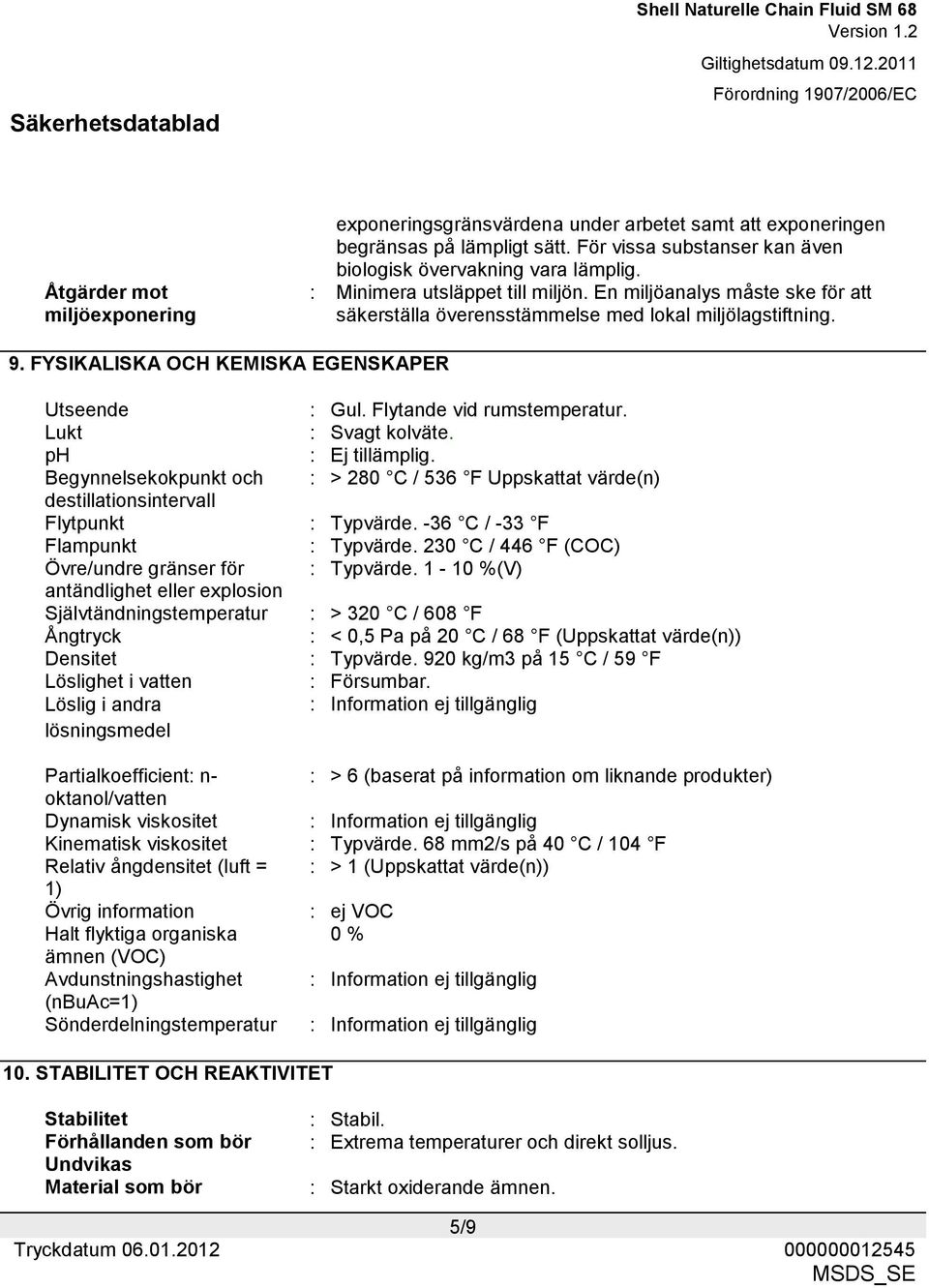 Flytande vid rumstemperatur. Lukt : Svagt kolväte. ph : Ej tillämplig. Begynnelsekokpunkt och : > 280 C / 536 F Uppskattat värde(n) destillationsintervall Flytpunkt : Typvärde.