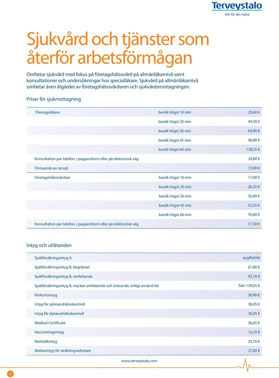 Priser för sjukmottagning Företagsläkare besök högst 10 min 20,60 besök högst 20 min 44,30 besök högst 30 min 64,90 besök högst 45 min 96,80 besök högst 60 min 128,25 Konsultation per telefon, i