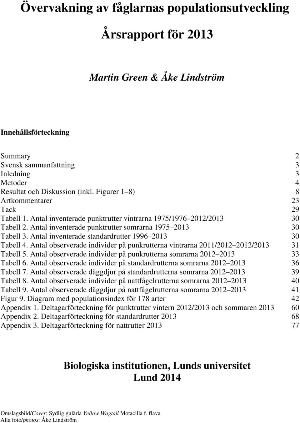 Antal observerade individer på punkrutterna vintrarna / / Tabell 5. Antal observerade individer på punkrutterna somrarna Tabell 6. Antal observerade individer på standardrutterna somrarna 6 Tabell 7.