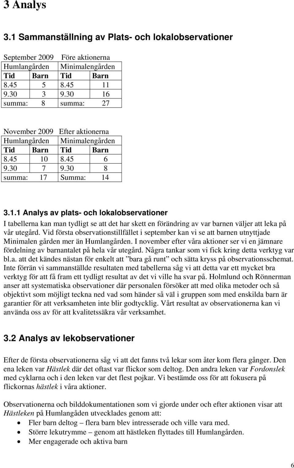 Vid första observationstillfället i september kan vi se att barnen utnyttjade Minimalen gården mer än Humlangården.