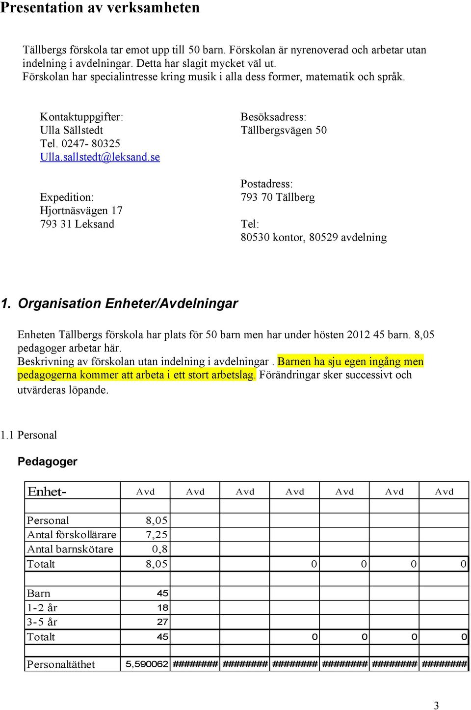 se Expedition: Hjortnäsvägen 17 793 31 Leksand Besöksadress: Tällbergsvägen 50 Postadress: 793 70 Tällberg Tel: 80530 kontor, 80529 avdelning 1.