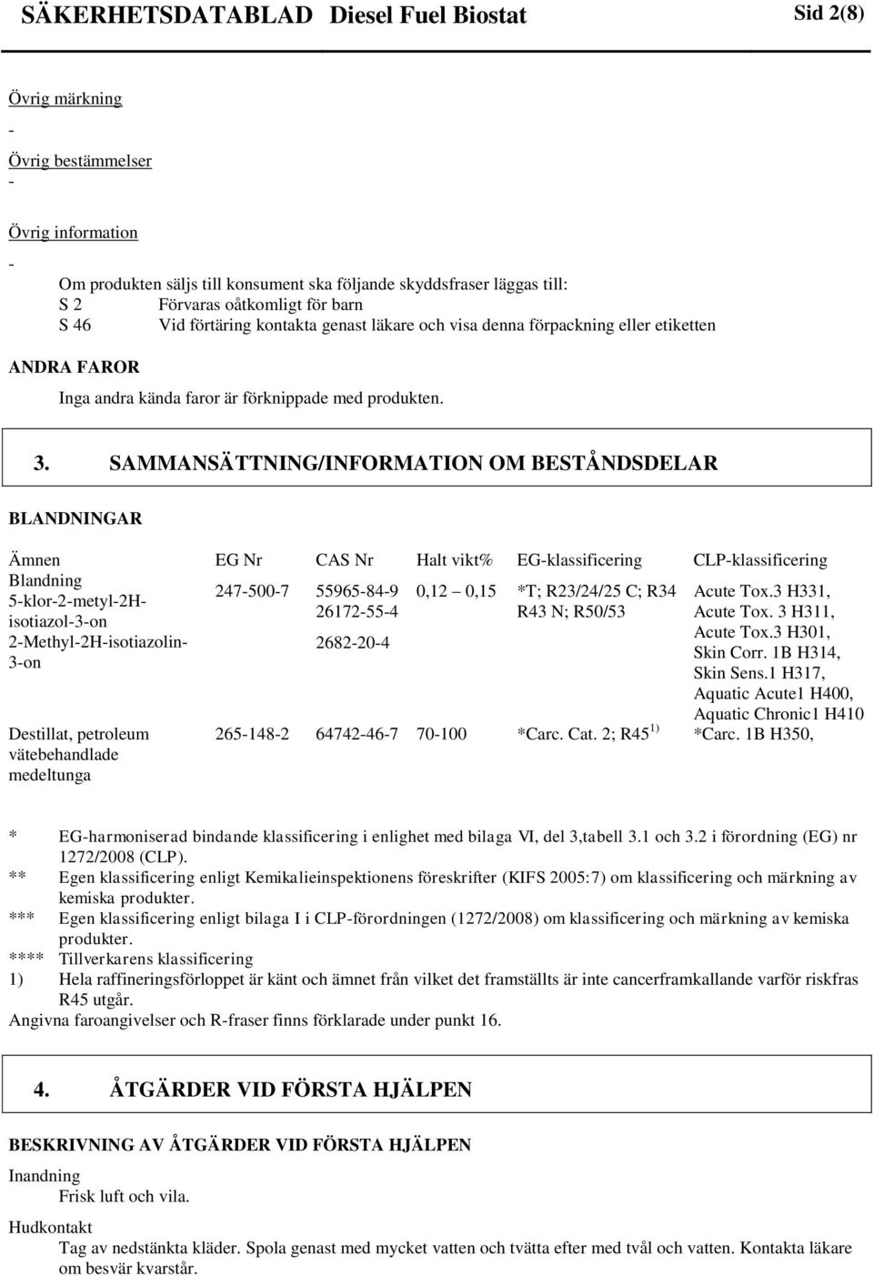 SAMMANSÄTTNING/INFORMATION OM BESTÅNDSDELAR BLANDNINGAR Ämnen EG Nr CAS Nr Halt vikt% EGklassificering CLPklassificering Blandning 2475007 55965849 0,12 0,15 *T; R23/24/25 C; R34 Acute Tox.