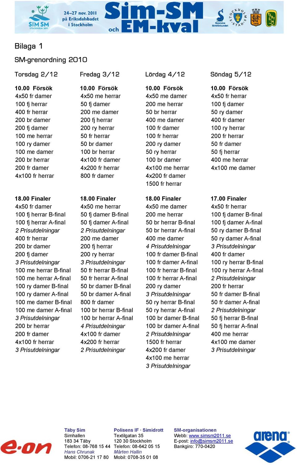 00 Försök 4x50 fr damer 100 fj herrar 400 fr herrar 200 br damer 200 fj damer 100 me herrar 100 ry damer 100 me damer 200 br herrar 200 fr damer 4x100 fr herrar 4x50 me herrar 50 fj damer 200 me