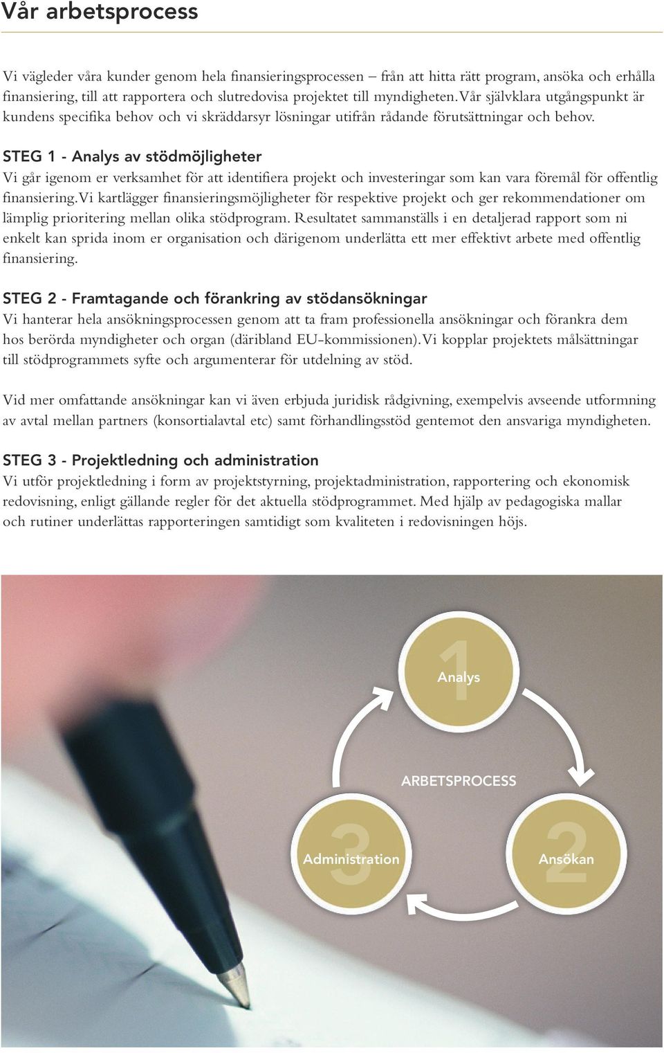 STEG 1 - Analys av stödmöjligheter Vi går igenom er verksamhet för att identifiera projekt och investeringar som kan vara föremål för offentlig finansiering.