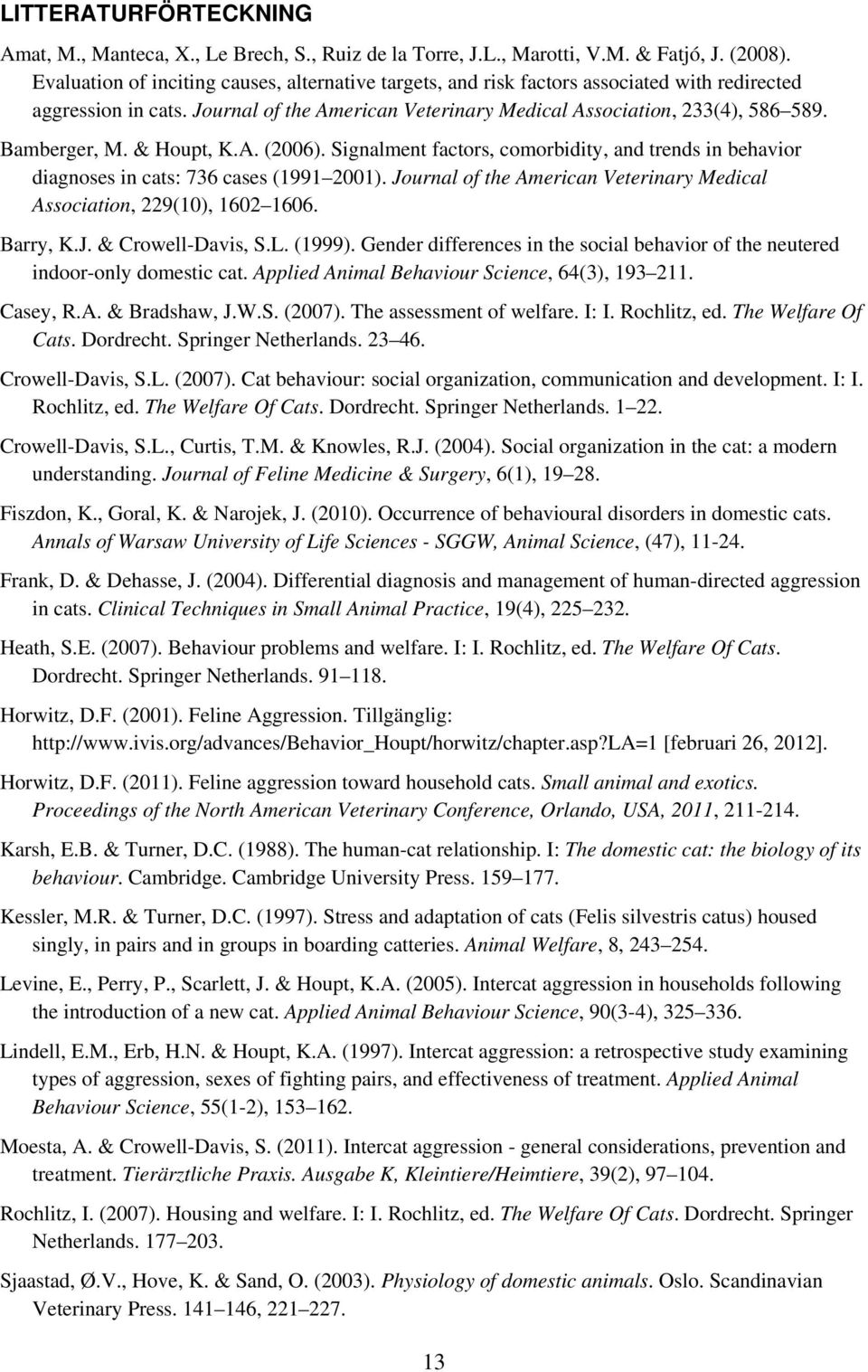 Bamberger, M. & Houpt, K.A. (2006). Signalment factors, comorbidity, and trends in behavior diagnoses in cats: 736 cases (1991 2001).