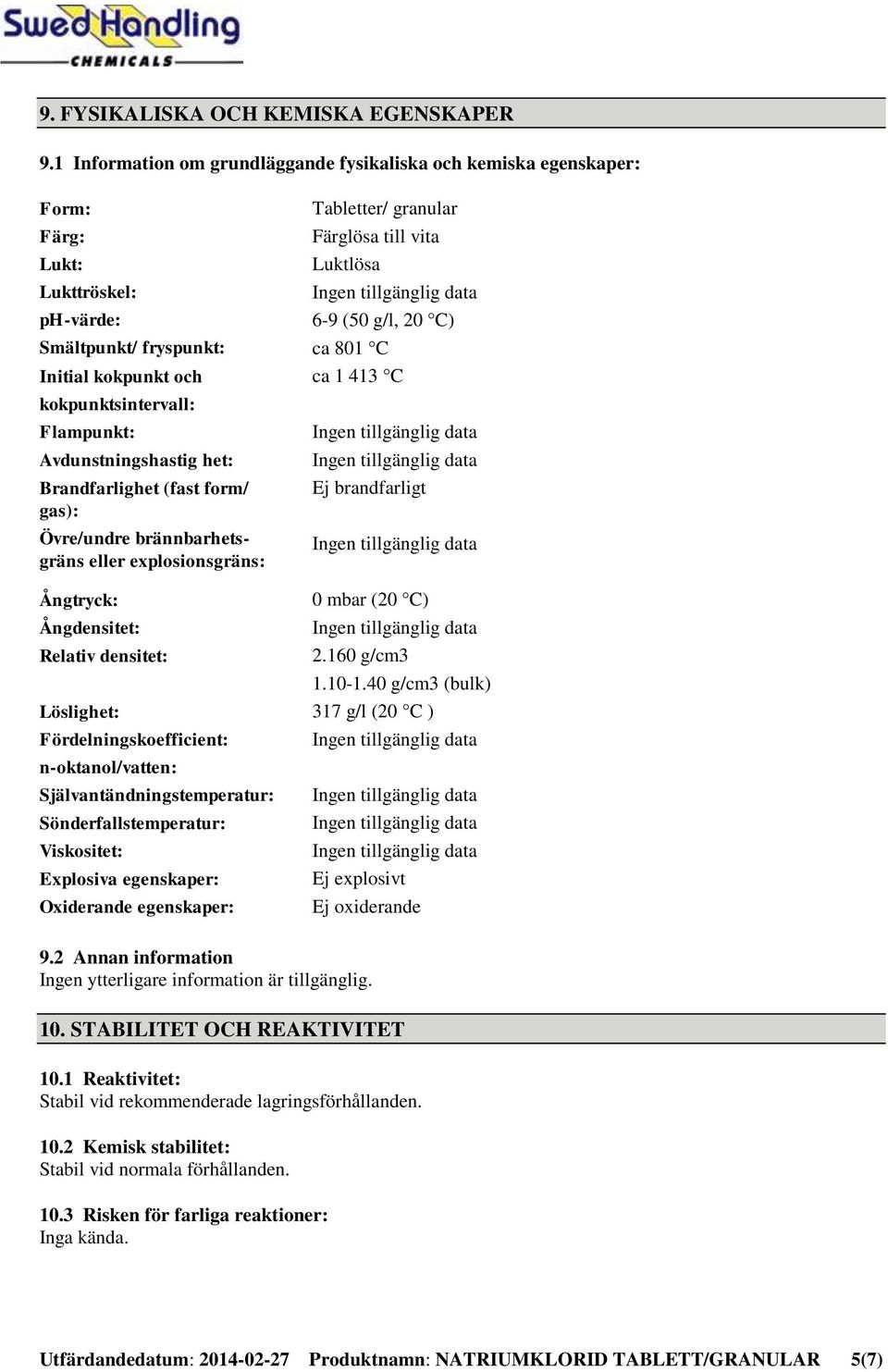 Avdunstningshastig het: Brandfarlighet (fast form/ gas): Övre/undre brännbarhetsgräns eller explosionsgräns: Tabletter/ granular Färglösa till vita Luktlösa 6-9 (50 g/l, 20 C) ca 801 C ca 1 413 C Ej