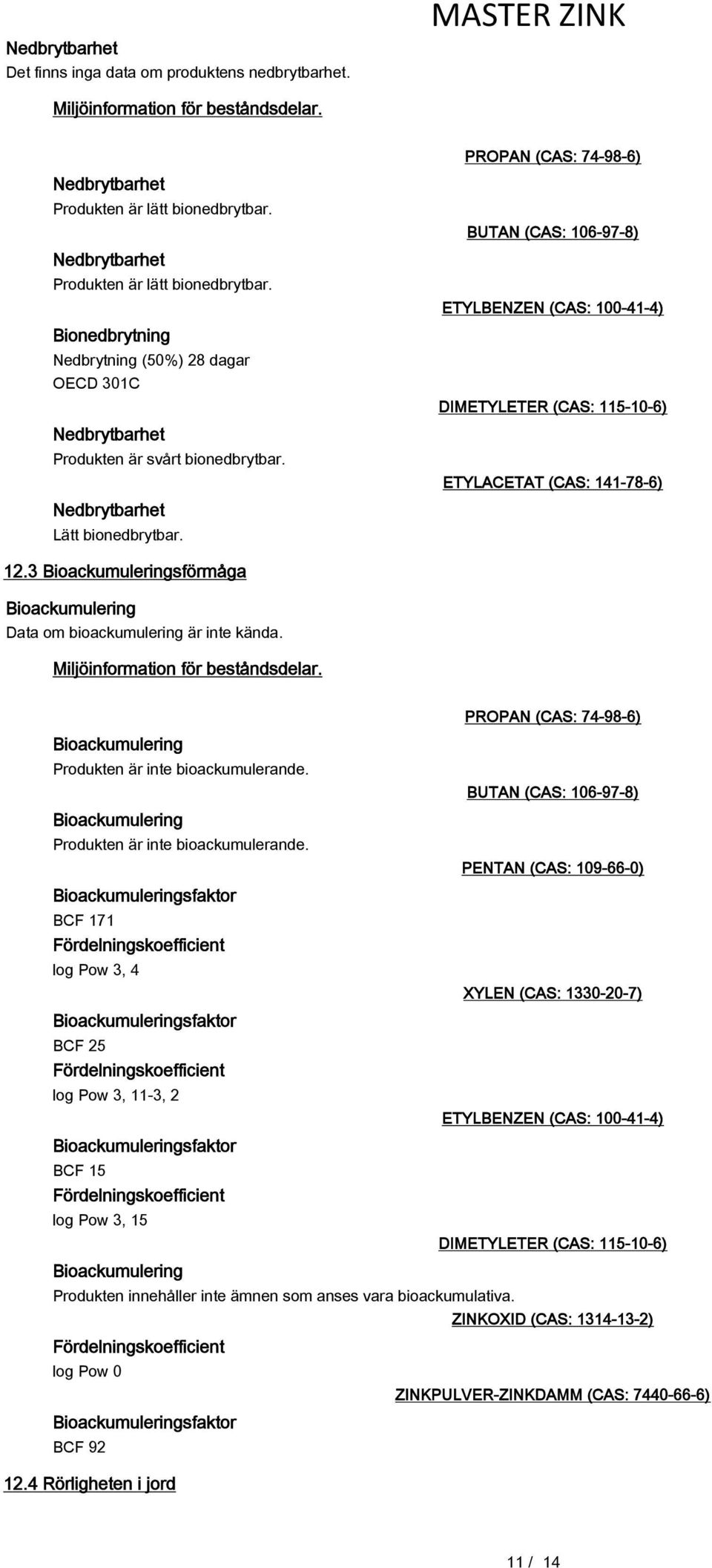 PROPAN (CAS: 74-98-6) BUTAN (CAS: 106-97-8) ETYLBENZEN (CAS: 100-41-4) DIMETYLETER (CAS: 115-10-6) ETYLACETAT (CAS: 141-78-6) 12.