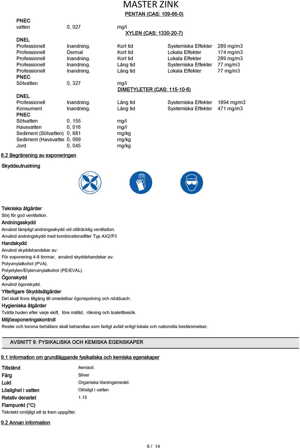 Lång tid Systemiska Effekter 77 mg/m3 Professionell Inandning. Lång tid Lokala Effekter 77 mg/m3 PNEC Sötvatten 0, 327 mg/l DIMETYLETER (CAS: 115-10-6) DNEL Professionell Inandning.